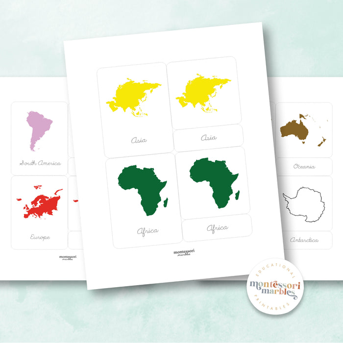 Continents Montessori Nomenclature Cards | Cursive