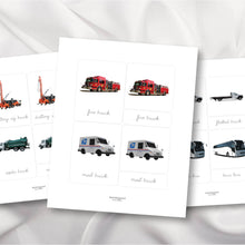 Load image into Gallery viewer, Construction Vehicles Nomenclature Cards in Cursive
