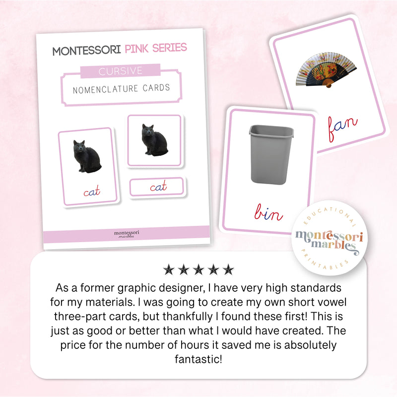 Montessori Pink Series Cursive Nomenclature Cards