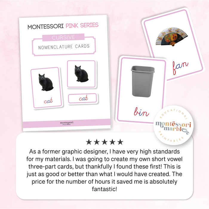 Montessori Pink Series Cursive Nomenclature Cards