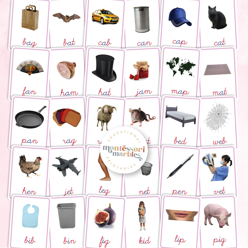 Montessori Pink Series Cursive Nomenclature Cards