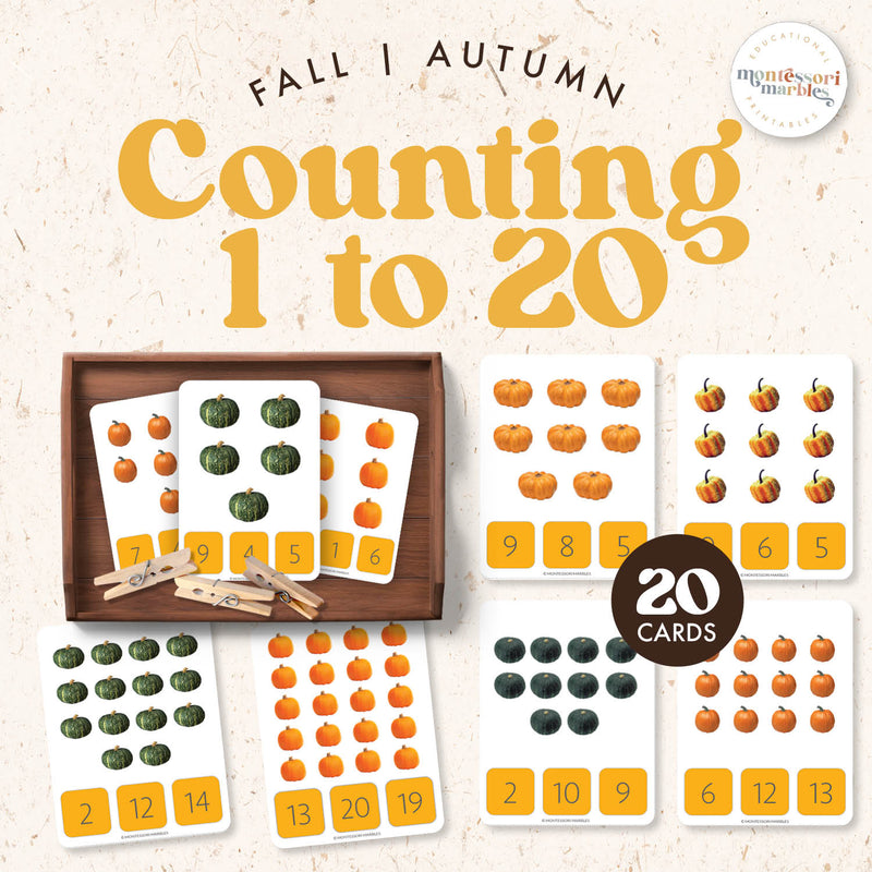 Pumpkin counting clip cards 1 to 20 for early math — ages 3-6