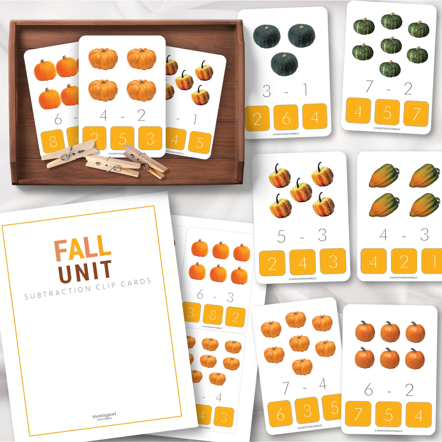 Fall Subtraction Clip Cards