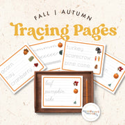 Fall-themed handwriting and tracing practice activities — ages 3-6