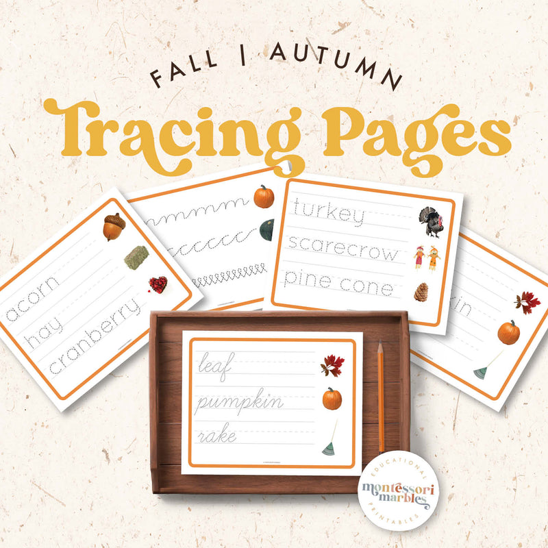 Fall-themed handwriting and tracing practice activities — ages 3-6