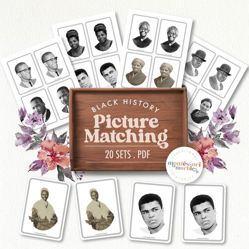 Black History Month picture matching — match images to African American historical figures, ages 3-6