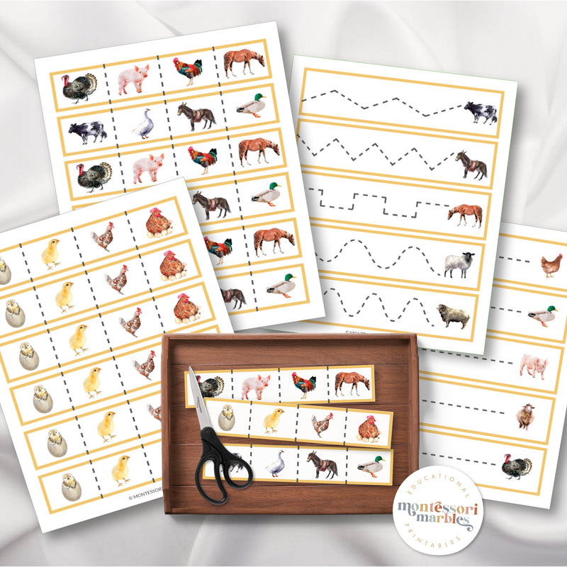 Farm Animals Scissor Skills Cutting Strips Printable PDF