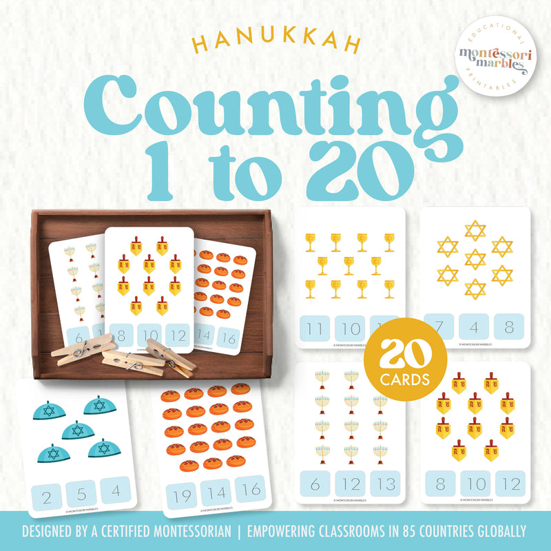 Hanukkah counting clip cards for numbers 1 to 20 practice