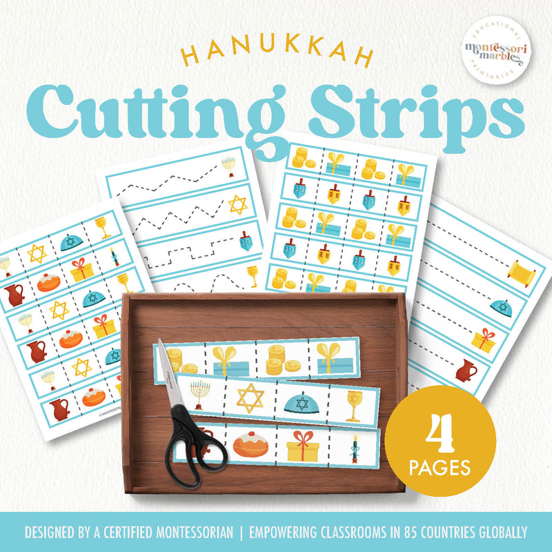 Hanukkah cutting strips for fine motor and scissor skills — ages 3-6