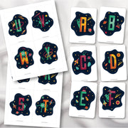 Alphabet flash cards with an outer space theme for early reading