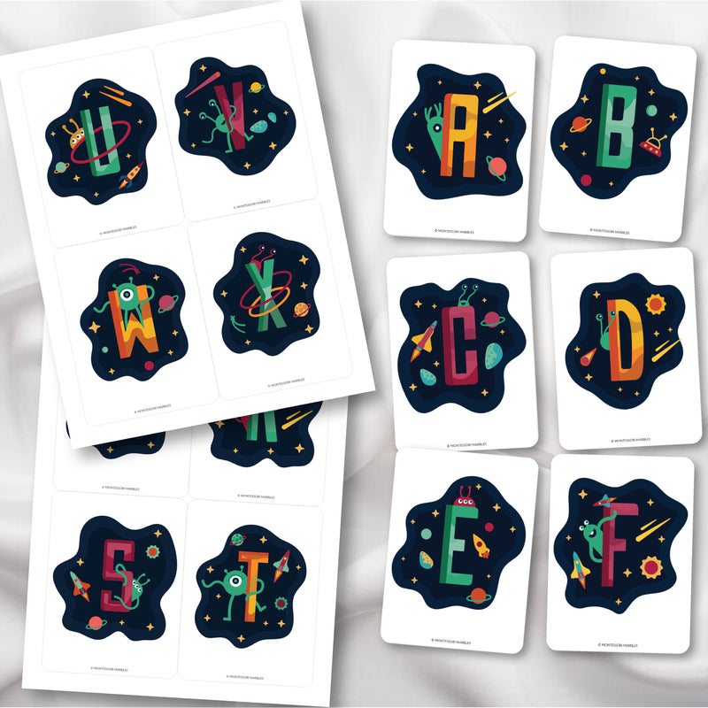 Alphabet flash cards with an outer space theme for early reading