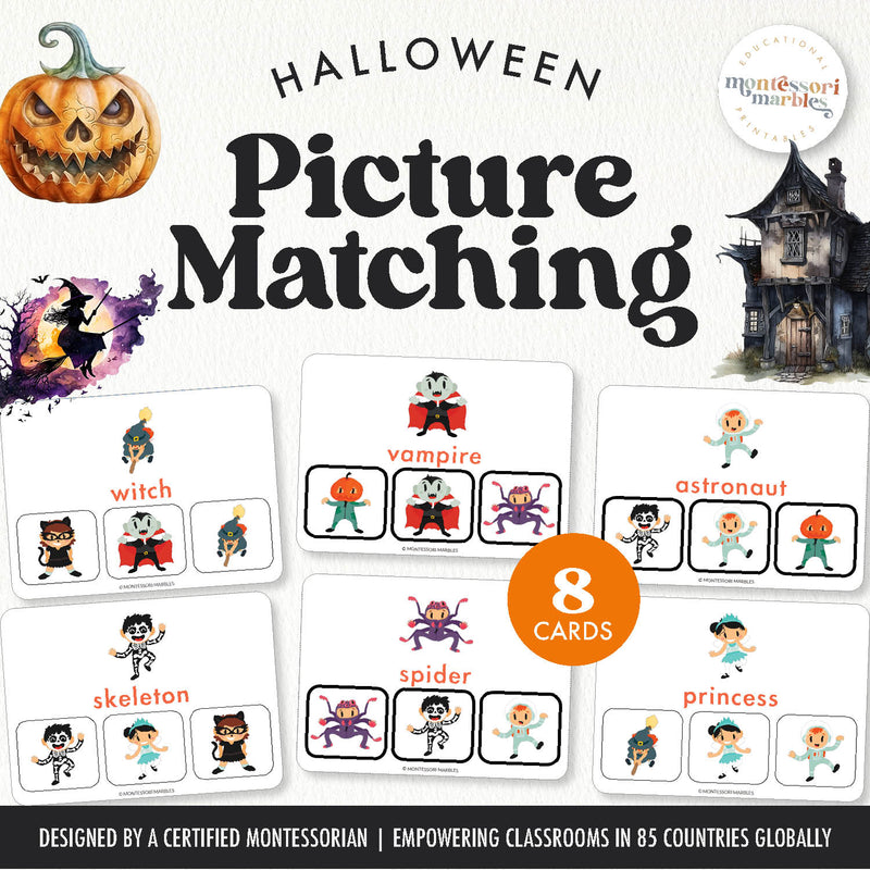 Halloween costume picture-matching clip cards for visual learning