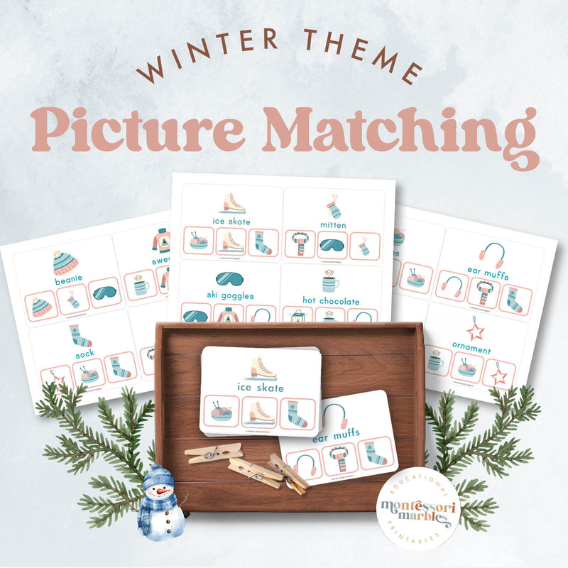 Winter picture matching clip cards for visual skills — ages 3-6