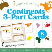 World continents nomenclature cards for geography study — ages 3-6