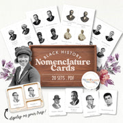 Black History Month nomenclature cards — vocabulary and picture matching for African American history, ages 3-6