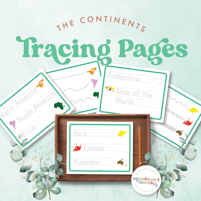 Continents tracing practice for geography and handwriting — ages 3-6