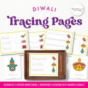 Diwali handwriting tracing and vocabulary practice activity pages