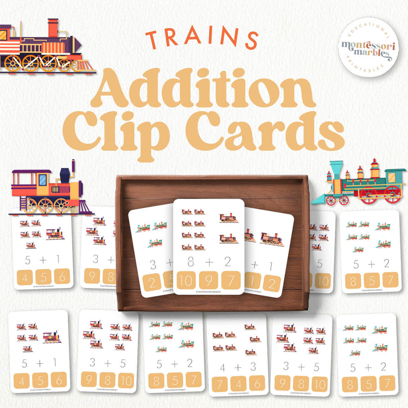 Train-themed addition clip cards for early math — ages 3-6