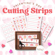 Valentine's Day cutting strips for scissor skills — fine motor practice with hearts and love themes, ages 3-6