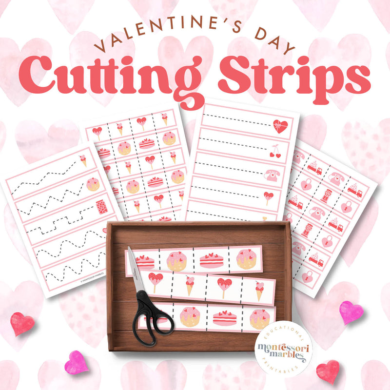Valentine's Day cutting strips for scissor skills — fine motor practice with hearts and love themes, ages 3-6