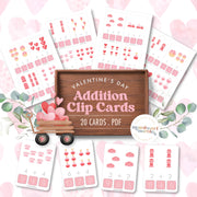 Valentine's Day addition clip cards — math practice with heart-themed problems, ages 3-6