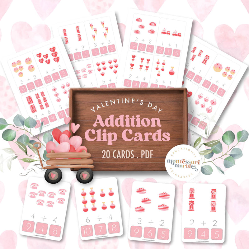 Valentine's Day addition clip cards — math practice with heart-themed problems, ages 3-6
