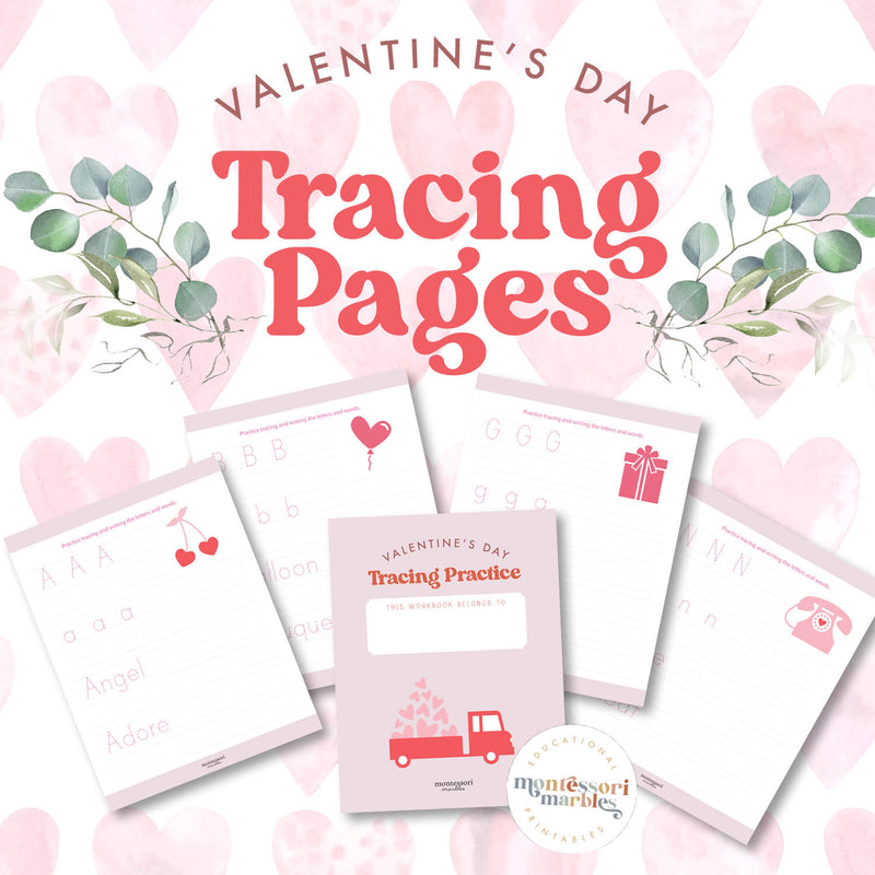 Valentine's Day tracing workbook — handwriting practice pages with love theme, ages 3-6