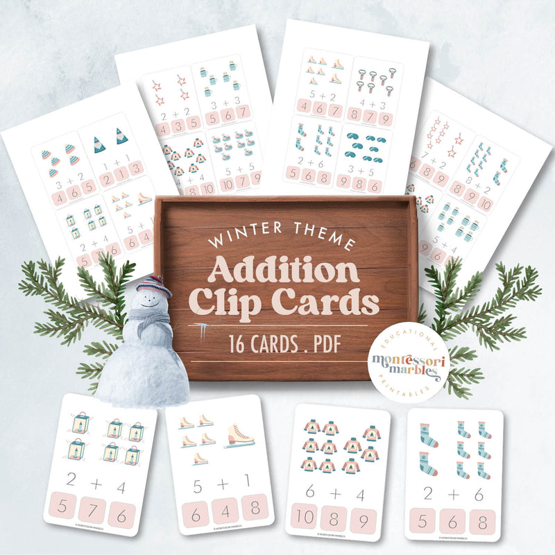 Winter-themed addition clip cards for math practice