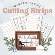 Winter-themed cutting strips for scissor skills practice — ages 3-6