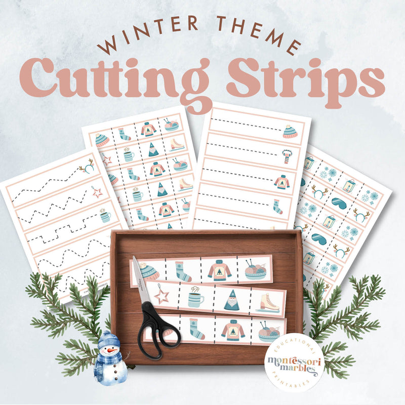 Winter-themed cutting strips for scissor skills practice — ages 3-6