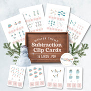 Winter-themed subtraction clip cards for early math