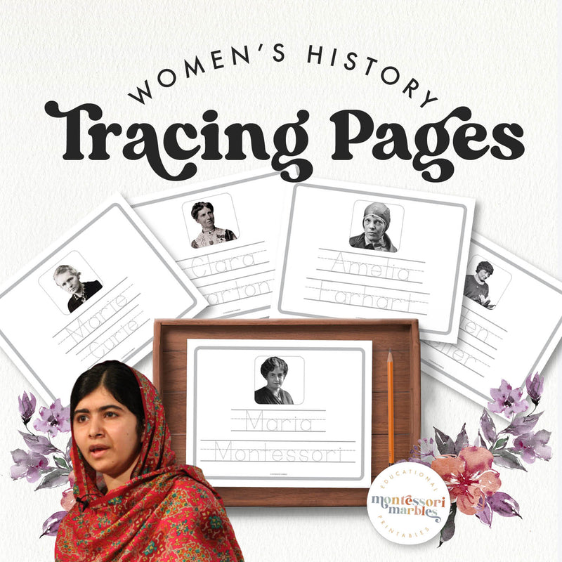Women's History Month tracing pages — handwriting practice about influential women
