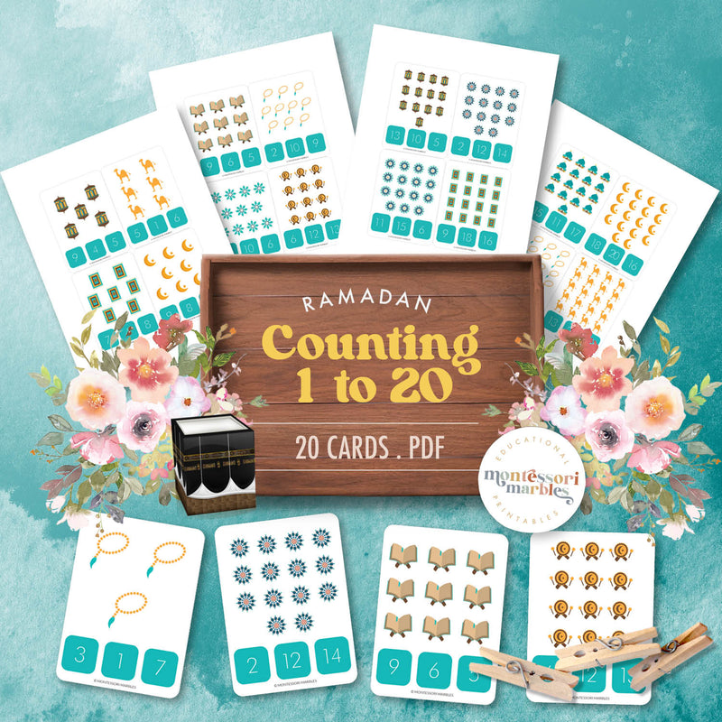 Ramadan-themed counting clip cards from 1 to 20—festive number math practice activity