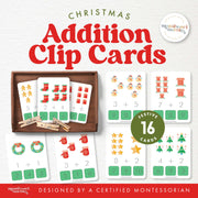 Christmas addition clip cards for early math practice — ages 3-6