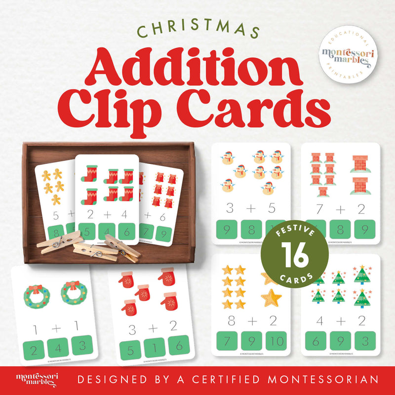 Christmas addition clip cards for early math practice — ages 3-6