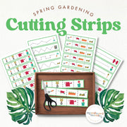 Gardening-themed cutting strips for fine motor and scissor skills—spring planting practice