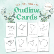 Continents outline geography cards for world map study — ages 3-6