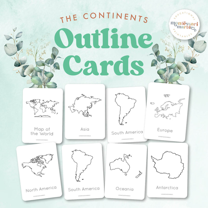 Continents outline geography cards for world map study — ages 3-6