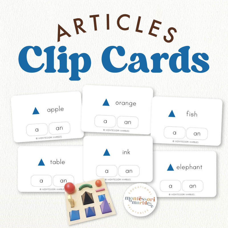 Grammar articles 'a' and 'an' clip cards for Montessori language practice