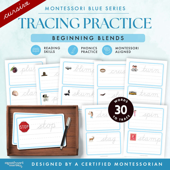 Montessori Blue Series Tracing Cards | Beginning Blends (Cursive)