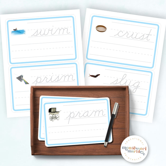 Montessori Blue Series Tracing Cards | Beginning Blends (Cursive)