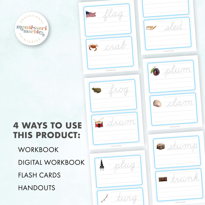 Montessori Blue Series Tracing Cards | Beginning Blends (Cursive)