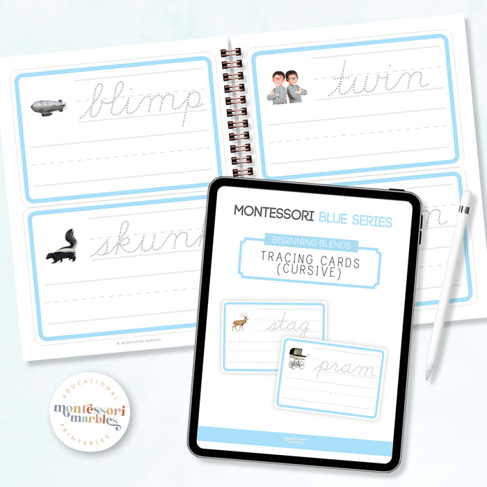 Montessori Blue Series Tracing Cards | Beginning Blends (Cursive)