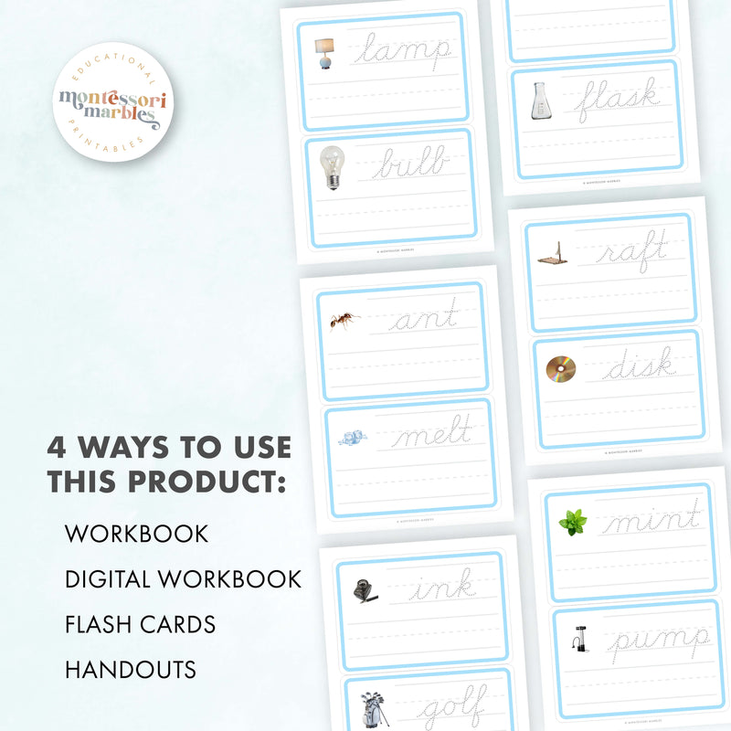 Montessori Blue Series Tracing Cards | Ending Blends (Cursive)