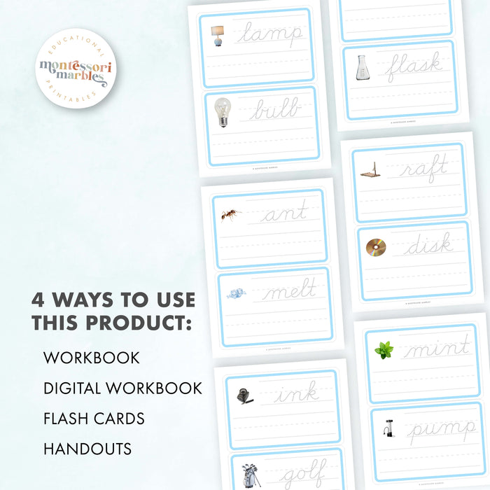Montessori Blue Series Tracing Cards | Ending Blends (Cursive)