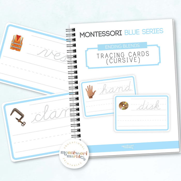 Montessori Blue Series Tracing Cards | Ending Blends (Cursive)