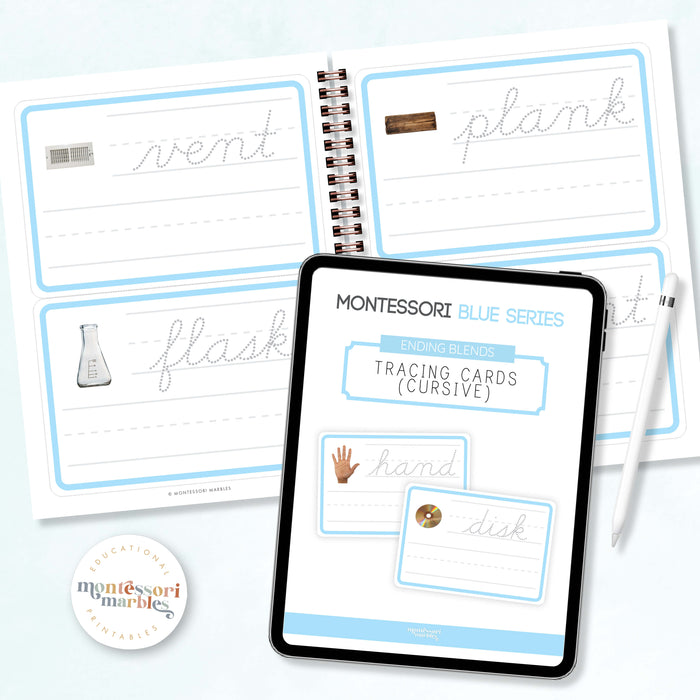 Montessori Blue Series Tracing Cards | Ending Blends (Cursive)