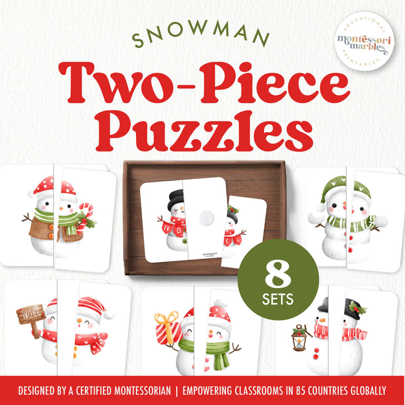 Snowman symmetry puzzles for Christmas learning — two-piece matching activity for visual skills