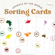 Animal and continent sorting cards organizing wildlife by world regions