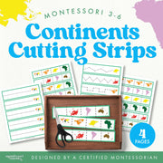 Continents cutting strips for scissor skills and geography